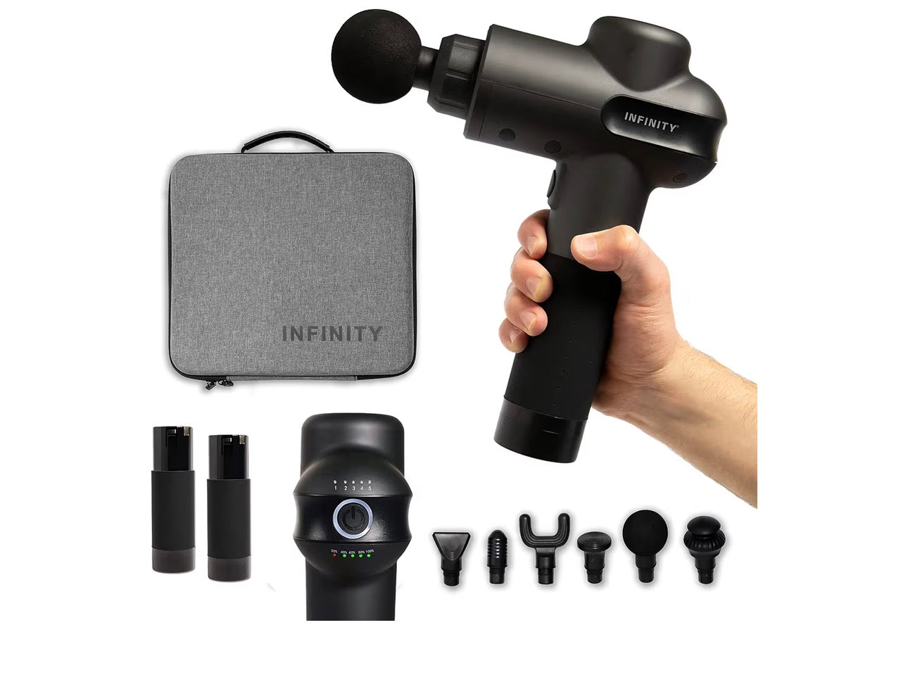 Infinity PR Pro Dispositivo de masaje de percusión de resistencia, pistola de masaje muscular, masajeador de tejido profundo con batería extra intercambiable, motor sin escobillas de alto par de 45 W, 8 horas de funcionamiento (negro)