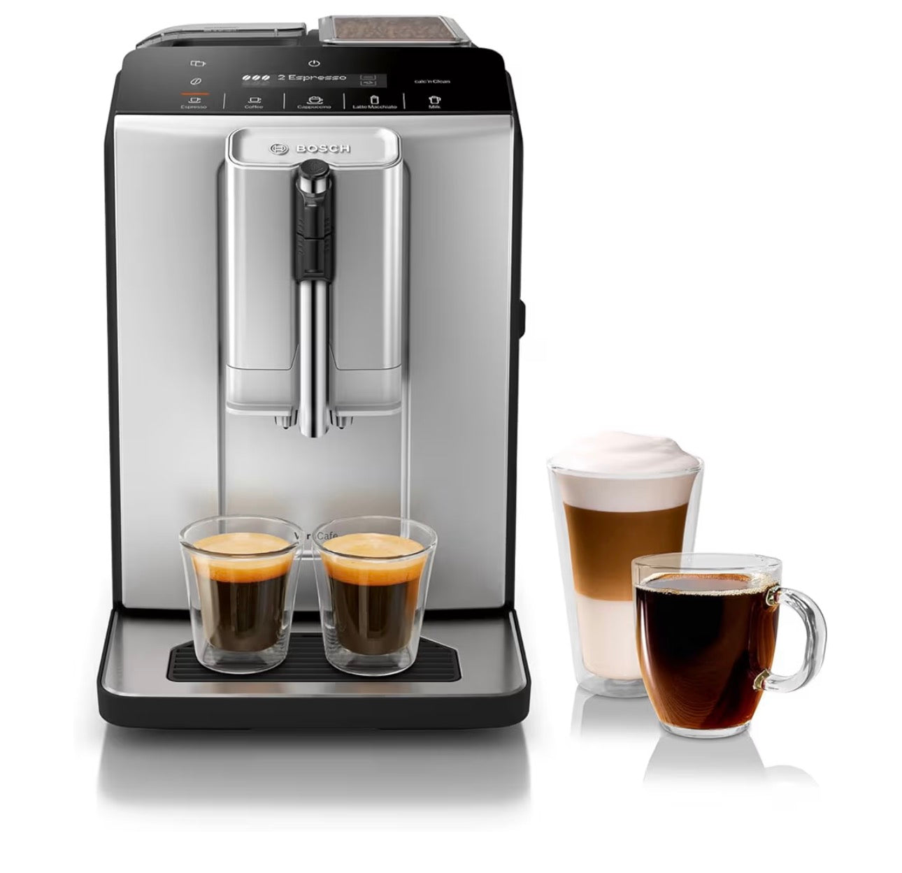 Bosch Máquina de café y café expreso totalmente automática, bebidas de un solo toque, estilo barista, súper cafetera de doble taza, gran capacidad de granos, fácil limpieza, mantenimiento, plateado, TIU20307